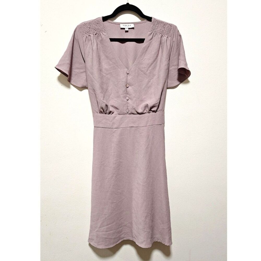 Gilli Mauve Smocked Shoulder Button Front Dress 0X